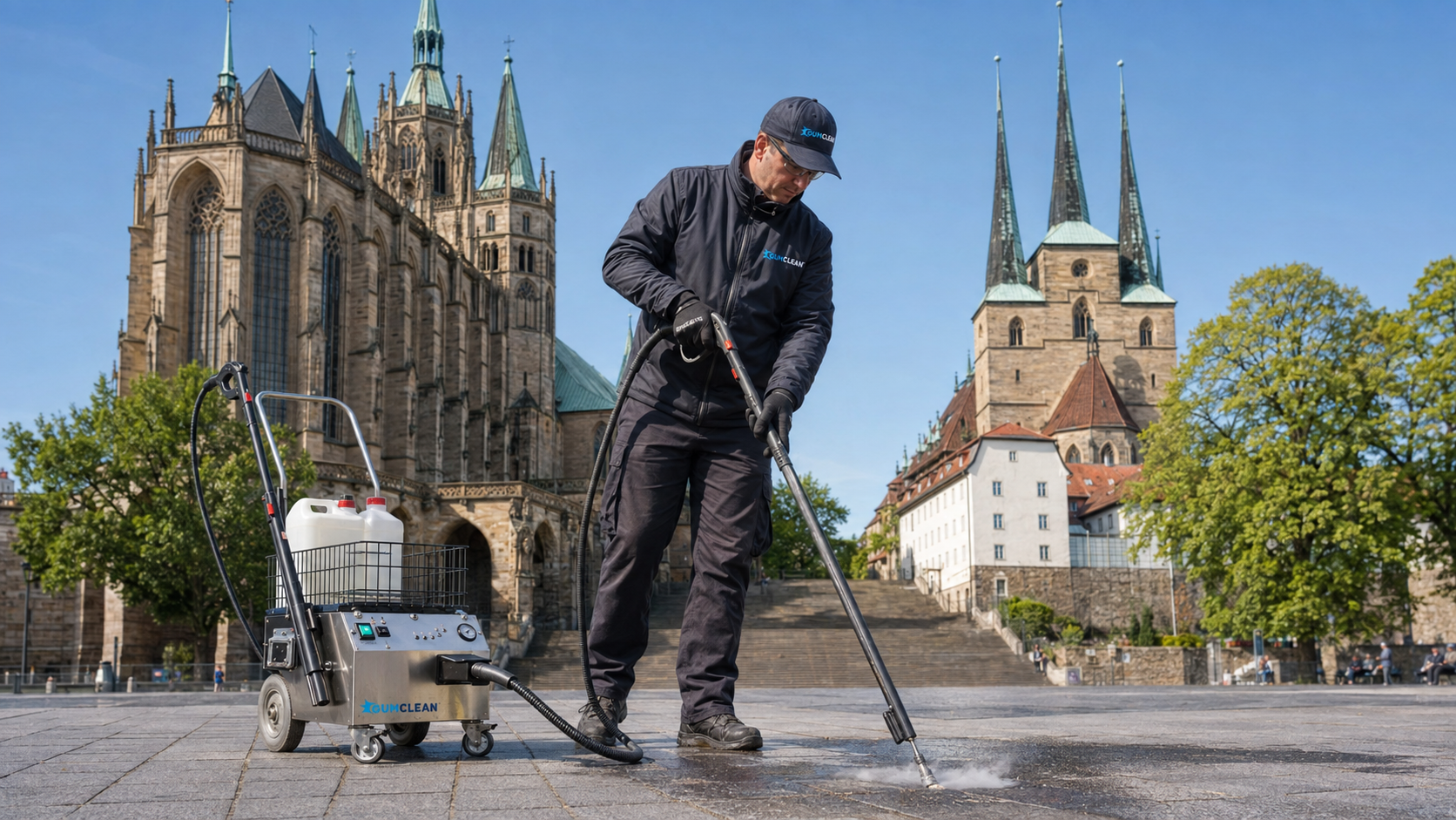 Chemiefreie Kaugummientfernung mit Heißwasserdampf auf dem Domplatz in Erfurt