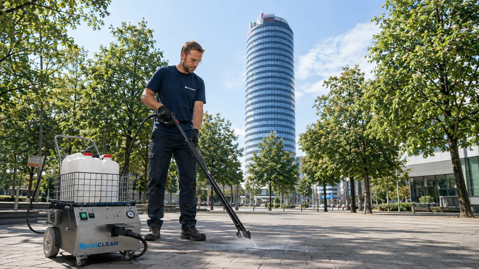 Kaugummientfernung mit Heißwasserdampf am Jentower in Jena