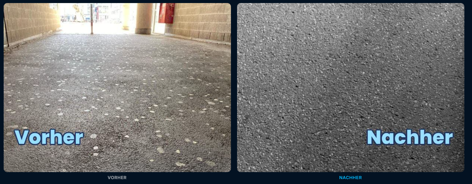 Vorher-Nachher-Vergleich einer Kaugummientfernung auf Asphalt in einer Passage